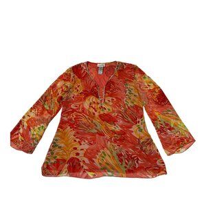 Rene Margo Top Blouse Womens Med Multicolor Semi Sheer Long Sleeves Silver Trim